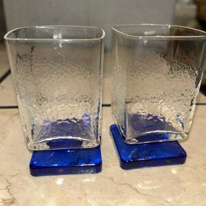 Bormioli Rocco Ibisco Clear Square Cobalt Blue Tumblers Glasses Set of 2 Vintage